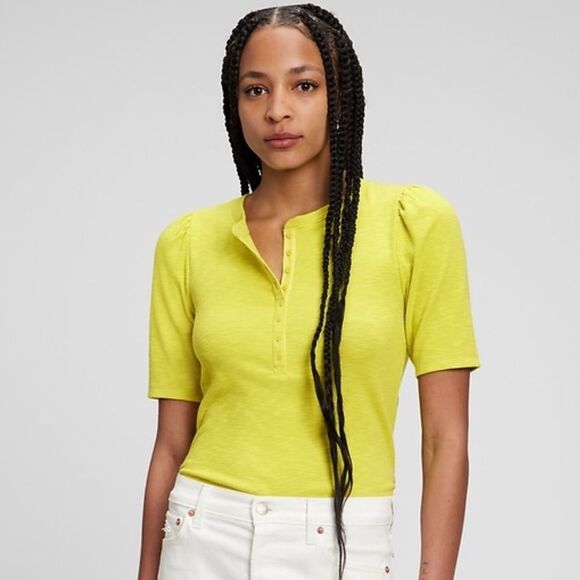 GAP Slub ribbed Henley neon yellow Women's Vibrant Lime short sleeve size Medium - Picture 1 of 7